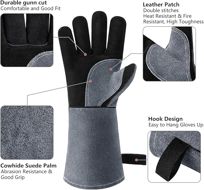 OZERO 932°F Heat Resistant Mig/Stick Welding Gloves 14 inches Cowhide Leather - Long Sleeve and Insulated Lining Barbecue Glove for Tig Welder/Grilling/Oven/Stove Black-gray