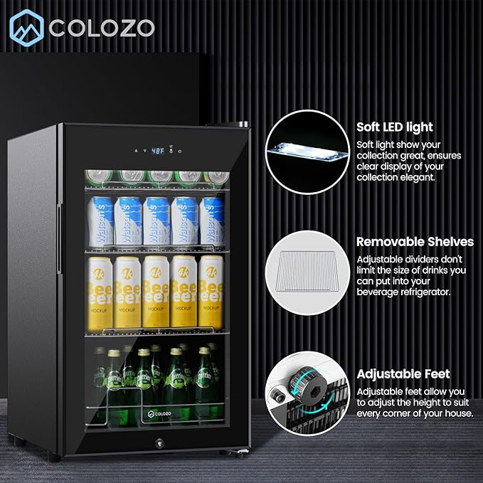 17 Inch Black Beverage Refrigerator Cooler, 96 Cans Mini Fridge with Glass Door&Lock, Beer Fridge for Soda Water or Wine, Drink Refrigerator for Home Office Bar Bedroom