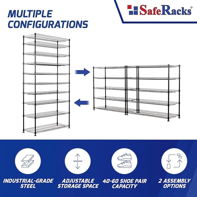 SafeRacks 10-Tier Shoe Rack - Black, Large Shoe Storage Organizer, 60 Pair, Heavy Duty Shoe Stand with Vertical Free Standing Shoe Shelf, Perfect for Entryway, Closet, Garage, & Bedroom Storage