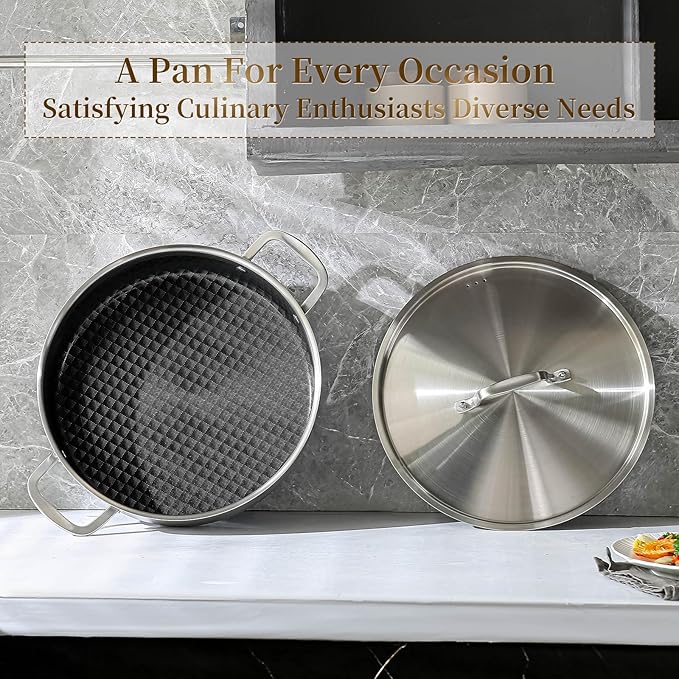 DELARLO 8Quart Tri-Ply Stainless Steel Non Stick Braiser Pan with Lid,13inch Deep Frying Pan,Large Saute Pan,Jumbo Cooker,Induction Compatible,Heavy Duty and Oven Safe