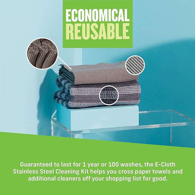 E-Cloth Stainless Steel Microfiber Cleaning Cloth Kit - Stainless Steel Cleaner for Appliances, Oven, Stove, & More - Microfiber Towels for Cars - Reusable Cloths for Cleaning