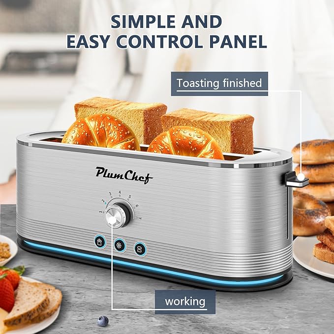 4-Slice Toaster, Extra Wide Long Slot Toaster, 7 Browning Settings, Defrost/Reheat Functions, Removable Crumb Tray, Stainless Steel Housing, Anti-Fingerprint & Anti-Jam (Stainless Steel)