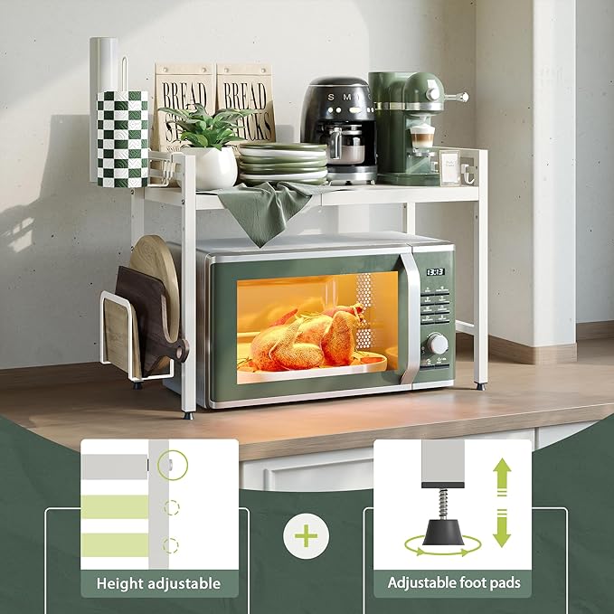 NETEL Expandable Microwave Stand,2 Tier Metal Kitchen Countertop Organizer Shelves with Paper Towel and Chopping Board Holder,Microwave Shelf,Microwave Oven Rack,55lbs Weight Capacity,White