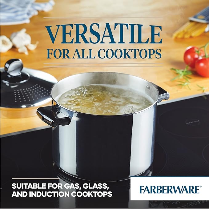 Farberware 70755 Classic Series Stainless Steel 8-Quart Covered Straining Stockpot with Lid, Stainless Steel Pot with Lid, Silver