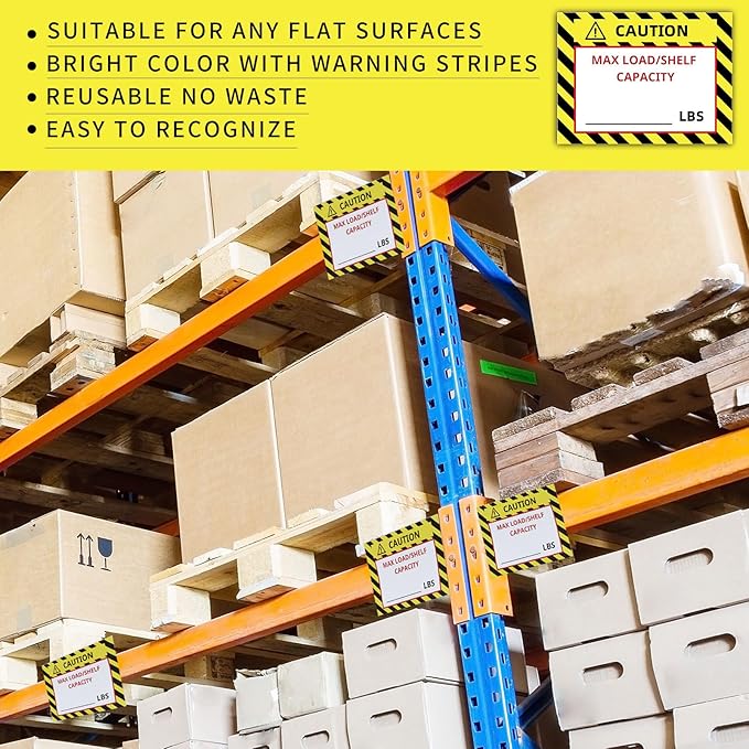 Zhanmai 100 Pcs Pallet Rack Capacity Labels 3 x 4 Inches Pallet Racking Caution Max Load Shelf LBS Warning Stickers Bright PVC Industrial Strength Sticker Warehouse Safety Forklift Cross Beam Safety