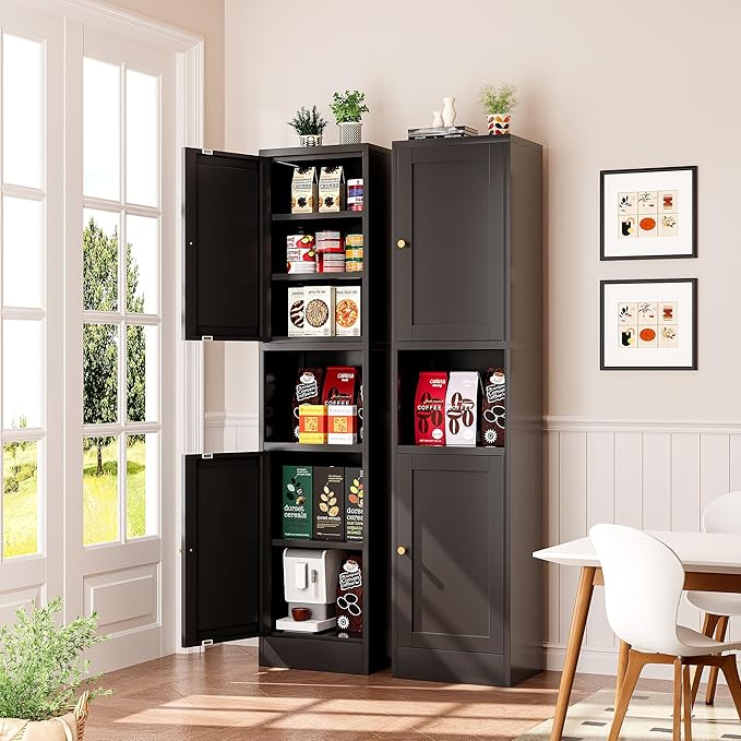Tall Bathroom Storage Cabinet, Metal Narrow Cabinet with Ajustable Shelves Open Countertop, Slim Pantry Cabinets for Small Spaces, Living Room, Kicthen, Dining Room