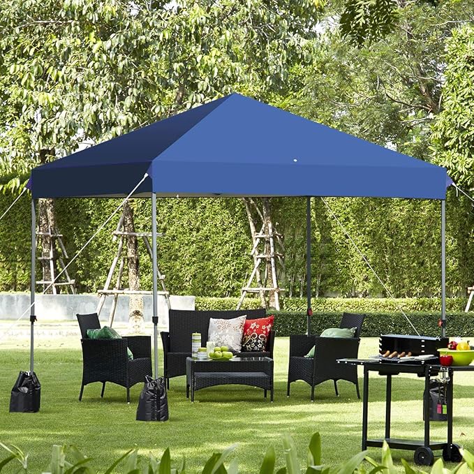 Tangkula 8x8 Ft Pop Up Canopy, Straight Leg Instant Tent Shelter with Wheeled Bag, 4 Sand Bags, 8 Stakes, 4 Ropes, Outdoor Canopy Tent for Camping, Beach, Backyard (Blue)
