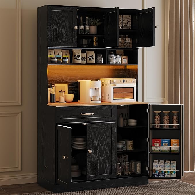 72" Kitchen Pantry Cabinet with LED Light and Charging Station Tall Pantry Storage Cabinet with Adjustable Shelves and Door Shelves Modern Kitchen Hutch with Countertop Black