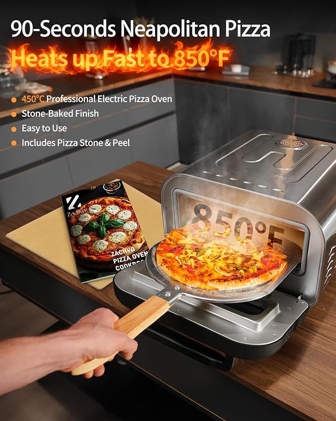 Pizza Oven Indoor, Heats up to 850°F, Makes 12” Pizzas in 90 Seconds, Electric Pizza Oven with 6 Touchscreen Presets, Countertop Pizza Ovens for Kitchen, Recipes & Pizza Stone Peel Included, Silver