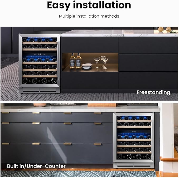 Yeego 24 Inch Wine Fridge Cooler - 52 Bottles Dual Zone Wine Cooler with Glass Door, 40-65℉ Built-In or Freestanding Refrigerator, Under Counter Wine Fridge for Kitchen Bar Office (Left-Hinged)