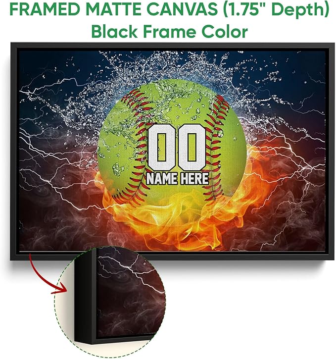 Custom Softball Fire Ball & Water Sport Gift For Girl, Daughter Personalized Name Number Poster & Framed Canvas, Wall Art Home Office Decoration Living Room Bedroom Aesthetic Decor