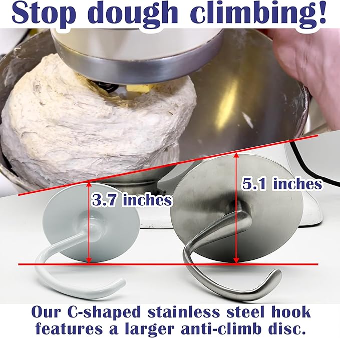 Anti-Climb Stainless Steel Dough Hook for KitchenAid 4.5-5 Qt Tilt-Head Mixers, with 5.1" Shield to Stop Dough Climbing, Replaces K45DH