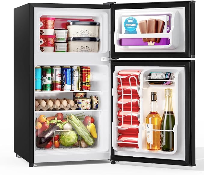 Double Door Refrigerator with Freezer, 3.55 Cu.Ft, Small Fridge with Freezer, 7 Settings Temperature Adjustable, Mini Refrigerator for Office and Apartment Bedroom Dorm(3.55 Cu.Ft, Black)