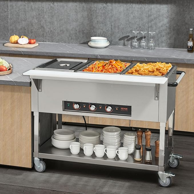 VEVOR 3-Pan Commercial Food Warmer, 3 x 20.6QT Electric Warm Table, 1500W Professional Buffet Catering Food Warmer with 4 Wheels (2 Lockable), Food Grade Stainless Steel Server for Party Restaurant