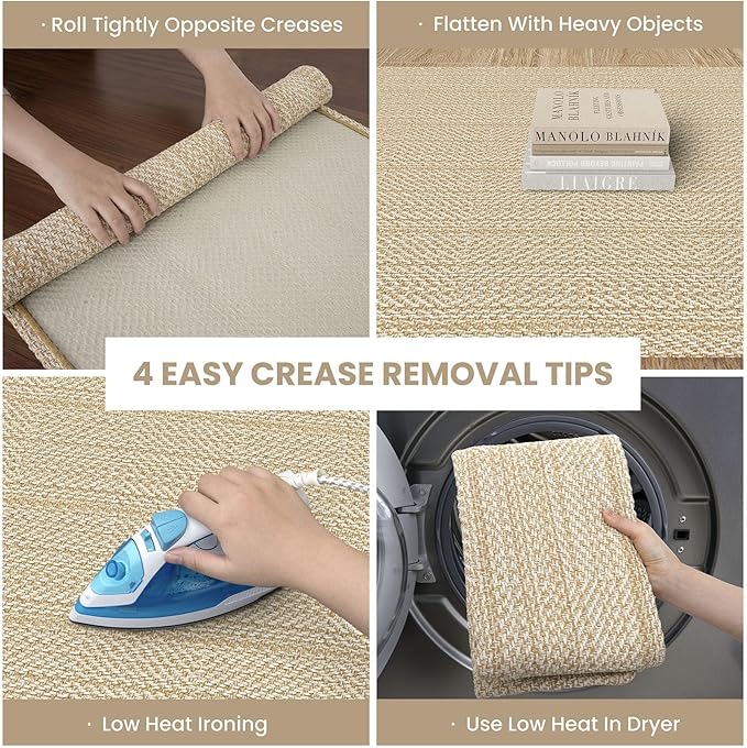 IOHOUZE Washable Area Rug 5x7 Non Slip Rubber Backed Rugs for Living Room, Dining Room Rugs Bedroom Rug, Woven Indoor Floor Carpet for Living Room Nursery, Warm Beige/Orange/Apricot
