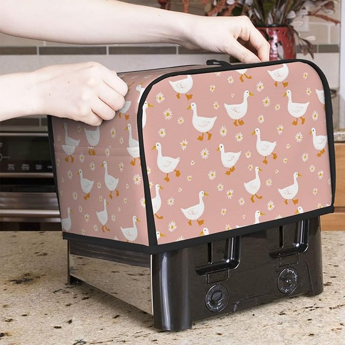2 Slice Toaster Cover for Kitchen Goose Pattern Daisy Flower Waterproof and Dustproof Toaster Dust Cover with Side Pockets Decorative Universal Cover for Wide Slot Toasters and Small Appliances