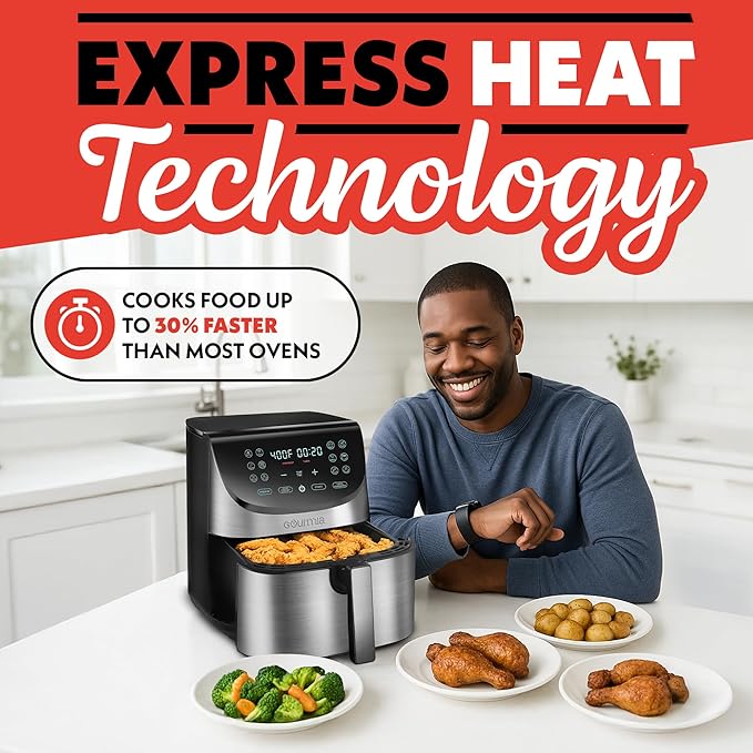 Gourmia Air Fryer - 8 Qt Extra Large Capacity, FryForce360º, Digital Display with 12 Presets, Roast, Bake, Broil, Dehydrate, Dishwasher Safe Accessories, Stainless Steel