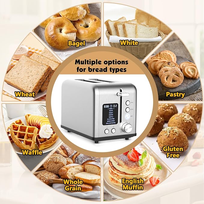 2-Slice Bagel Toaster Stainless Steel with Screen- Single Slice Function for Single-Sided Stuffed Bagel, 8 Bread Types, 6 Browning Levels, LED Countdown Timer, Defrost/Reheat/Cancel, 825W