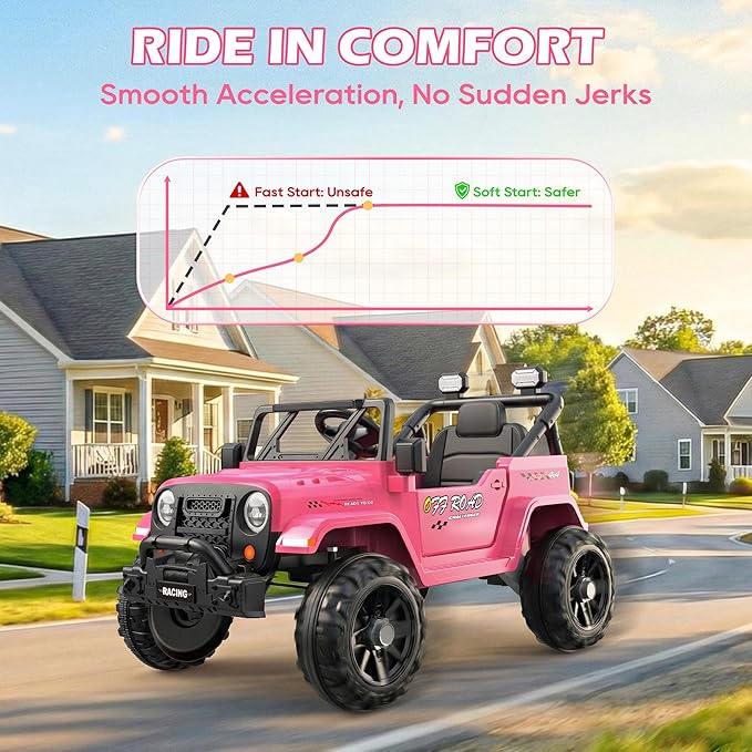 12V Ride On Truck Car with Remote Control, Kids Electric Vehicles with Bluetooth Music, Horn, 3 Speeds, 4 LED Lights, Soft Start, Ride on Toys for Toddler Boys & Girls (Pink)