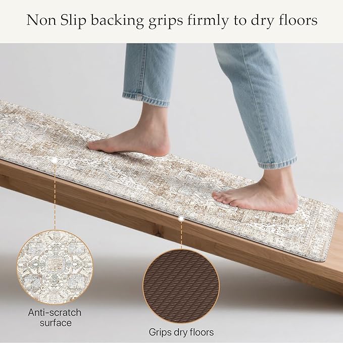 GENIMO Kitchen Mats for Floor, 2PCS Kitchen Rugs Non Slip Washable, Waterproof Anti Fatigue Mat, Comfort Standing Runner Rug for Sink, Office, Laundry, Home, 20"x32"+20"x48", Blue&Brown