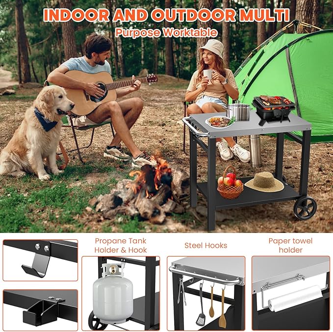 Double-Shelves Stainless Steel Flattop Grill Cart, Movable Kitchen Indoor & Outdoor Cooking Station, Fits Ninja/Ooni/Blackstone/Weber Q, Pizza Oven Food Prep Table for Party, 33.5"×21"