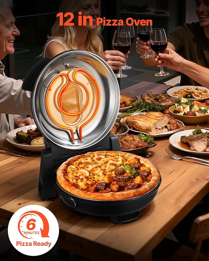 VEVOR Indoor Pizza Oven, 12-Inch Electric Pizza Maker, 788°F Countertop Cooker with 5 Modes, 1200W Dual Temp Controls, Thermometer & Viewing Window, Compact Home Baker Pan for Crispy Pizza, Black
