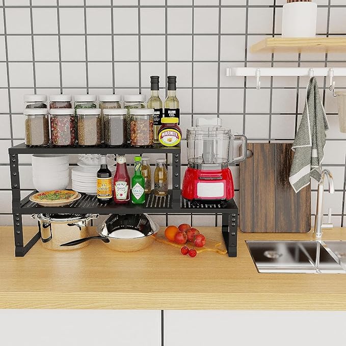 Expandable Cabinet Shelf Organizer Storage Spice Rack Shelves for Kitchen Stackable Adjustable Pantry Cupboard Bathroom Countertop Desktop(1Pack/Black/Large-with Hole)