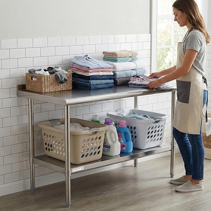 STABLEINK NSF Stainless Steel Prep & Work Table 36x24 Inches, Heavy Duty Metal Table with Backsplash and Undershelf for Commercial Kitchen, Restaurant, Home, Laundry Room and Garage