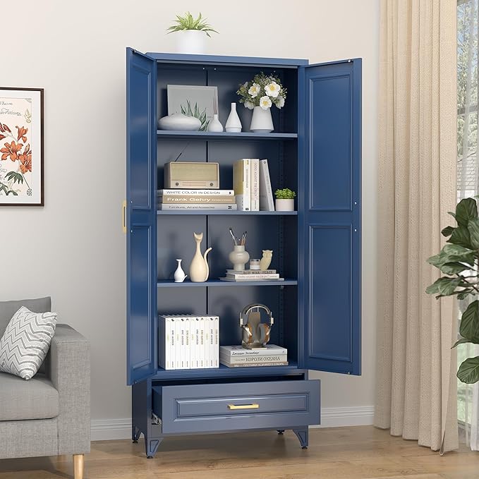 75" Kitchen Pantry Cabinet with Drawer, Metal Storage Cabinets with Doors and 4 Adjustable Shelves,Blue Kitchen Cabinet with 2 Gold Handles,Food Cupboard for Livingroom,Pantry, Bathroom