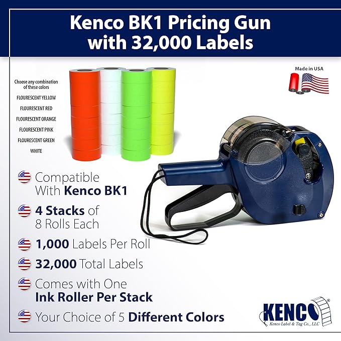 Kenco BK 1 Line Price Gun Kit - Includes 6,000 Labels, 2 Ink Rollers, Label Scraper - 8 Digit Labeler for Pricing, Dating, and Coding (BK-1 KIT 32,000 Labels)