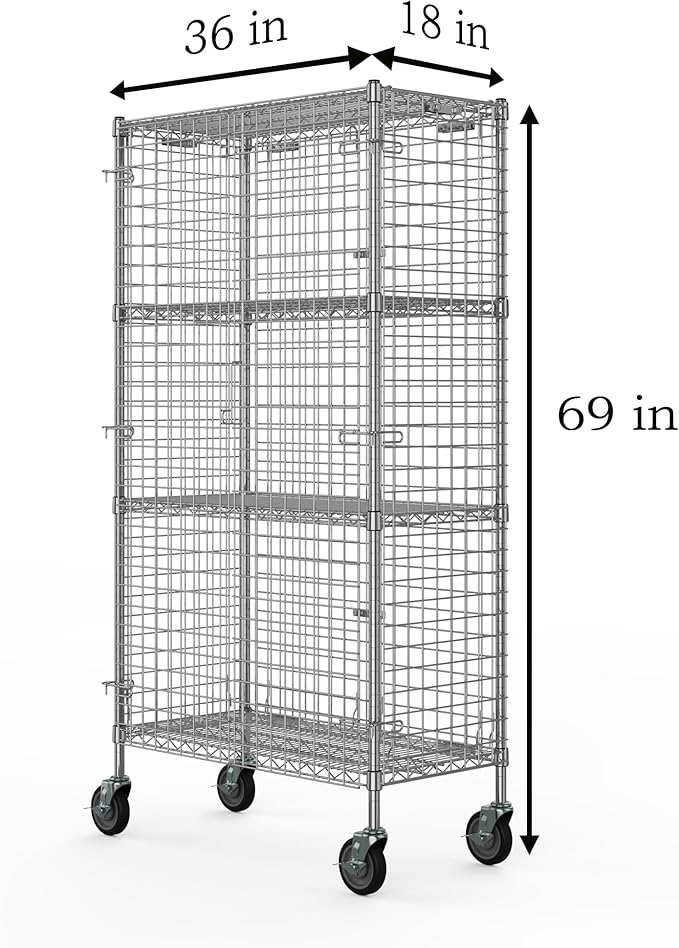 18" W x 36" L x 69" H Heavy Duty Utility Commercial Grade Metal Storage NSF Unit | Chrome Mobile Security Wire Cage Kit