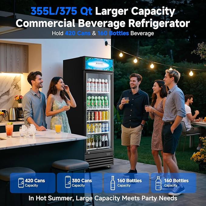BODEGACOOLER Beverage Refrigerator, 355L/375 Qt Commercial Refrigerator For Kitchen, Home,Office and Garage, 420 Cans & 160 Bottles Display Refrigerator For Beer,Soda, Bar Cooler with Soft LED Light.