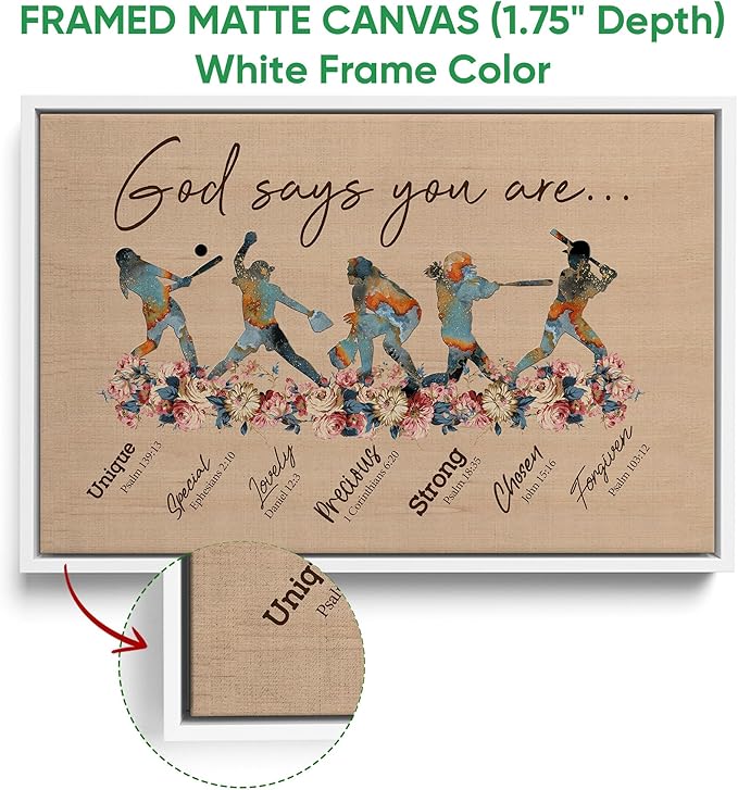 God Says You Are Gifts For Softball Girls Women Fan Vintage Floral Sports Gifts For Girl Poster & Framed Canvas, Wall Art Home Office Decoration Living Room Bedroom Aesthetic Decor