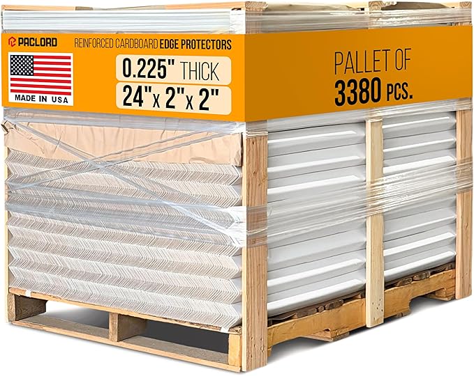 24" x 2" x 2" Reinforced Cardboard Edge Protectors, White (Pallet of 3380) – 0.225" Thick Extra Heavy-Duty Cardboard Corner Protectors – American Quality V-Board Pallet Edge Guard
