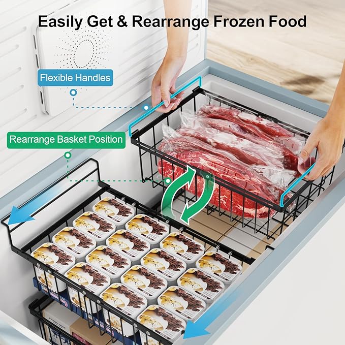 iSPECLE Freezer Organizer Bins for 10 to 20 Cu.Ft, 2 Pack Expandable Hanging Baskets Fit 17.5"-22.6" Width, Metal Wire Storage Racks for Deep Freeze, Not for Upright, Black