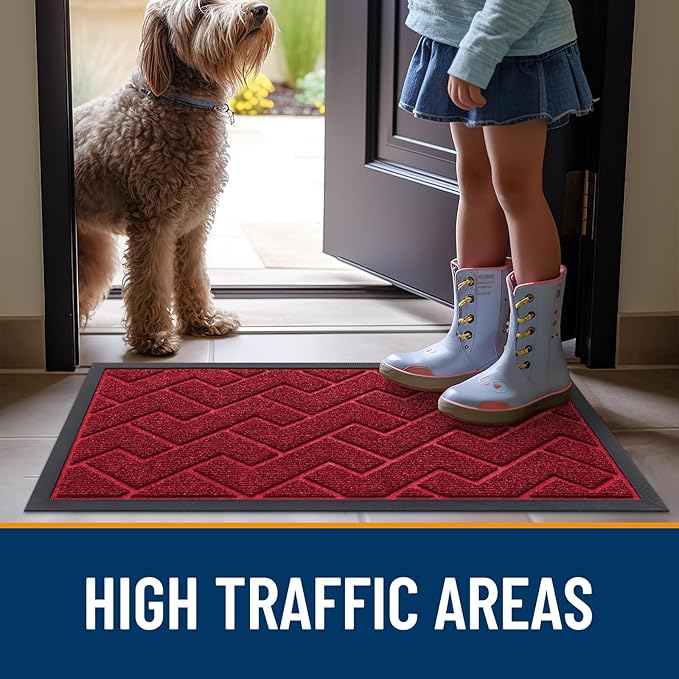 OLANLY Front Door Mat Indoor Outdoor Entrance, Waterproof All-Season, All-Weather Doormat, Sturdy Natural Rubber, Low Profile, Easy Clean Patio Porch Entryway Mat, Herringbone Brick (Wine Red, 59x23)
