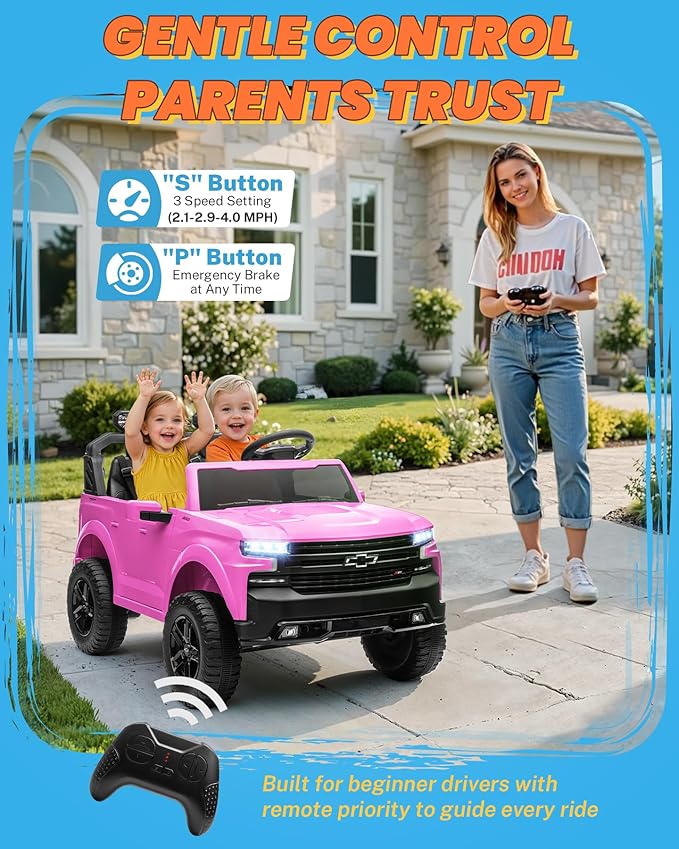 ENYOPRO 24V 2 Seater Electric Car for Kids, Licensed Chevrolet Silverado LT Trail Boss Kids Ride on Car w/Remote Control, LED Lights, Bluetooth, 90W Motor, All-Terrain Wheels, Truck Bed Storage, Pink