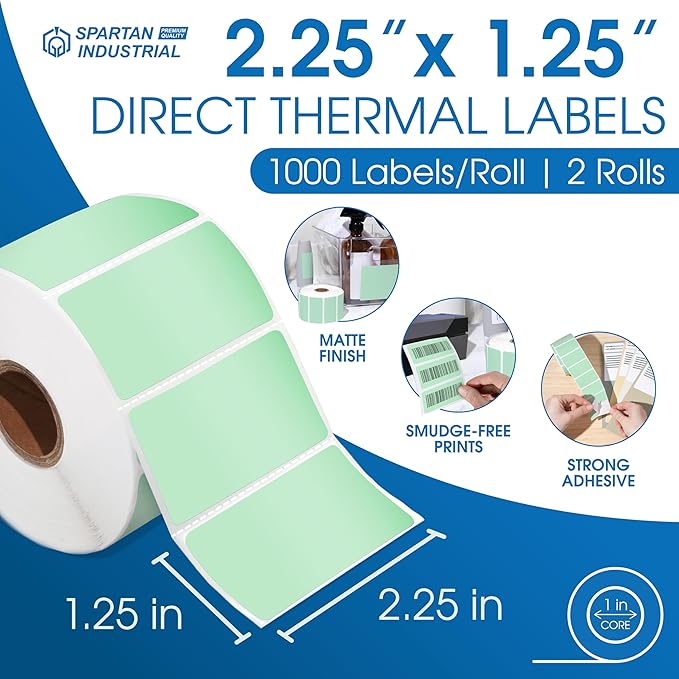 Spartan Industrial - 2.25" X 1.25" Direct Thermal Green Labels (2 Rolls, 1000/Roll) Perforated Barcode Address Stickers - Compatible with Rollo, Zebra, MUNBYN Desktop Printers