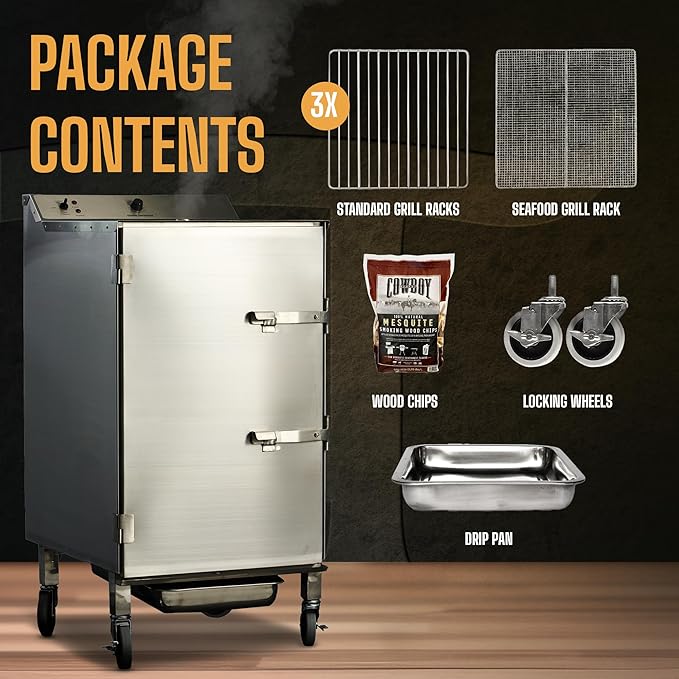 SmokinTex 'The Pitmaster' Series High-Capacity Electric Smoker – 700W Stainless Steel Meat Smoker, Temperature Control for Meat, Seafood, Vegetables, BBQ – Portable with Locking Wheels