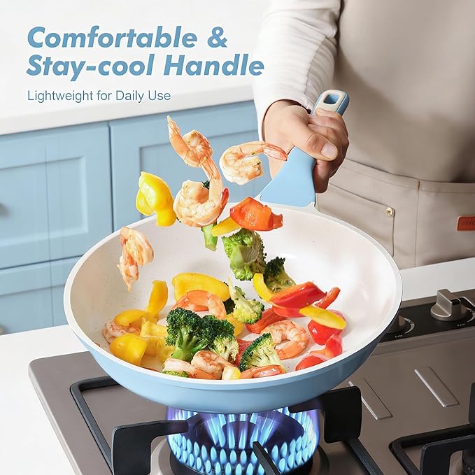 SENSARTE Nonstick Ceramic Frying Pan 9.5-Inch, Healthy Non Toxic Skillet, Induction Compatible Omelet Pan with Heat Resistant Handle, PFAS-Free, Blue