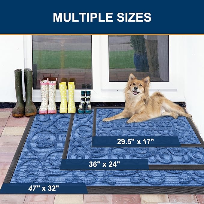 Smiry Welcome Door Mat Outside Entrance, Heavy Duty Trap Dirt and Moisture Easy Clean Low Profile Patio Porch Indoor Outdoor Front Doormat for Entry, 29.5x17 Inch, Blue