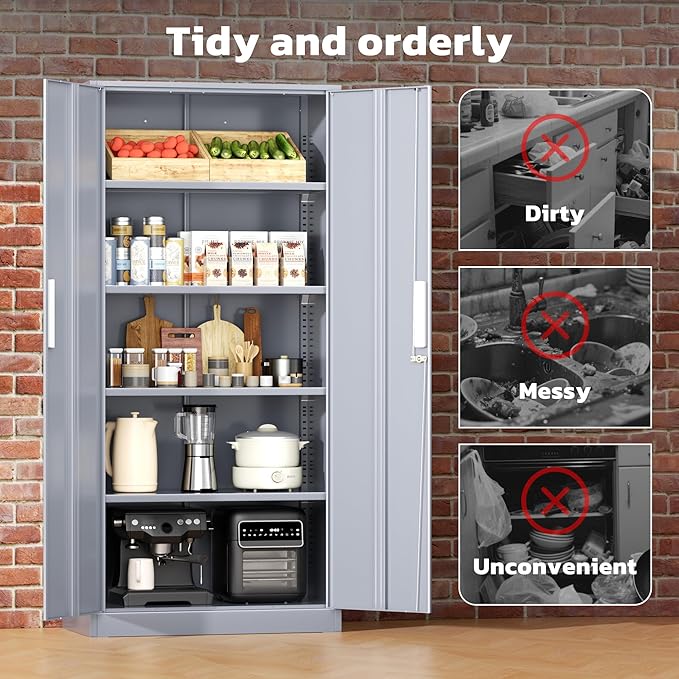 Greenvelly Metal Garage Storage Cabinet with 2 Doors and 4 Adjustable Shelves, 72”H Steel Lockable Storage Cabinet,Tall Metal Cabinet Locking File Cabinet for Office,Home, Garage, Gym, School