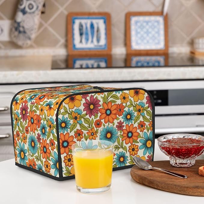 4 Slice Toaster Cover for Kitchen Hippie Flower Retro Waterproof and Dustproof Toaster Dust Cover with Side Pockets Decorative Universal Cover for Wide Slot Toasters and Small Appliances