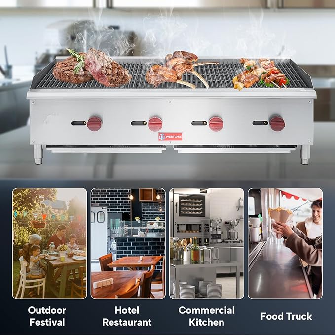 WESTLAKE 48"W Commercial Charbroiler Gas Countertop 4 Burner Natural Gas and Propane 120,000 BTU Char Broiler Stainless Steel BBQ Stove Grill for Restaurants