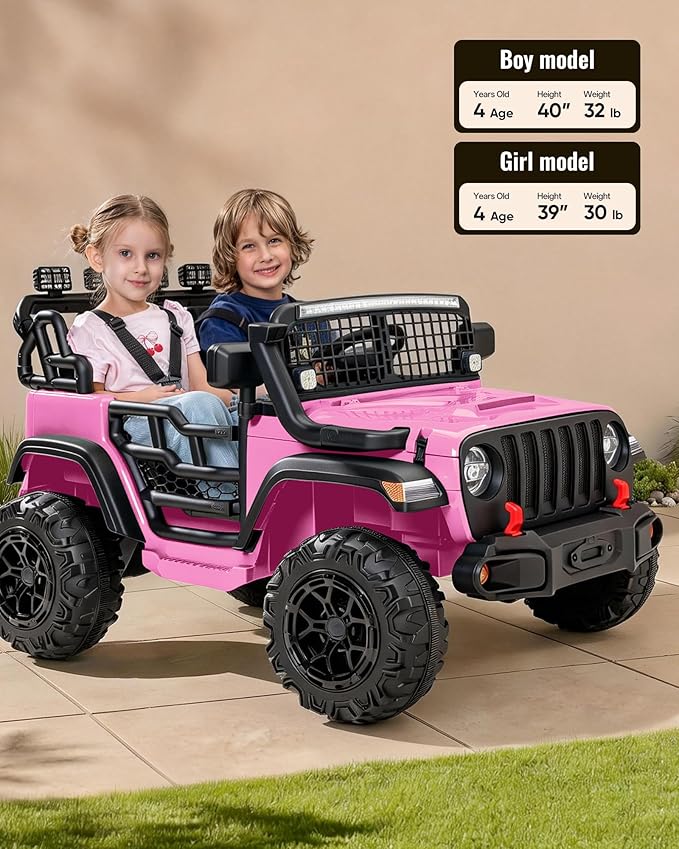 2 Seater Ride on Car Toy, 12V Electric Car for Kids 4-8 with Remote Control, Capacity 110 lb, LED Light - Light Pink