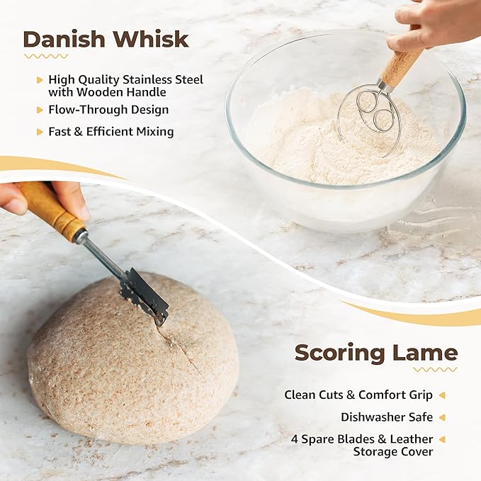 9" Banneton Bread Proofing Basket Set of 2 – Round & Oval Rattan, Sourdough Starter Kit, Includes Lame, Dough Scrapers, Linen Liner Cloth, Dough Whisk, Bread Bag
