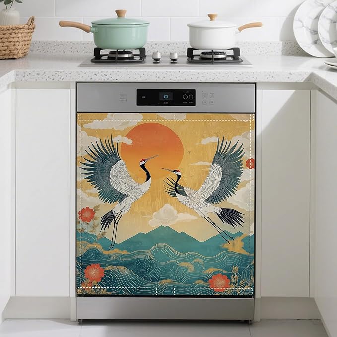 Dishwasher Magnet Cover,Two Cranes Dishwasher Cover Magnetic Sea Waves Home Appliances Refrigerator Decorative 23" x 26"