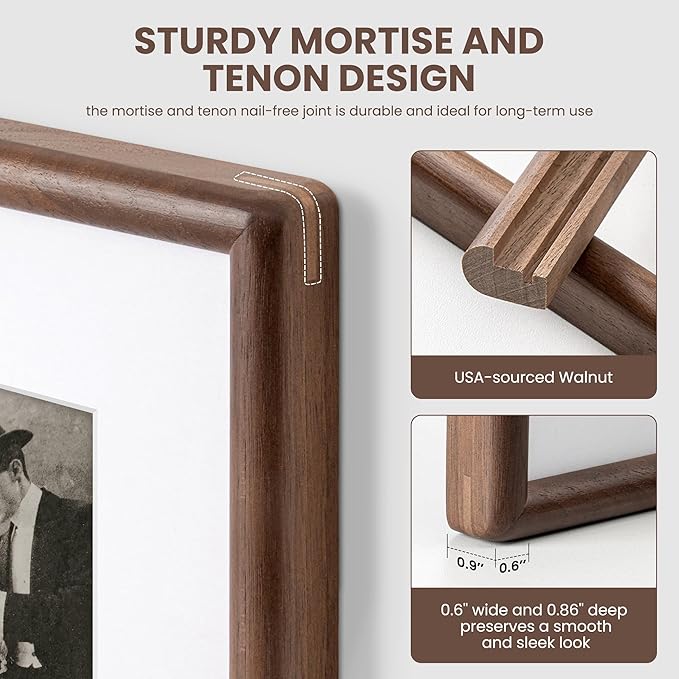 Axeman 11 x 14 Walnut Frame - Rounded Corner 11x14 Picture Frame Matted to 8x10 - Natural Walnut Wood 14x11 Photo Frame with Tempered Glass for Wall Mount Display