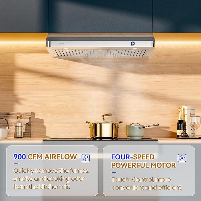 EKON 42 inches Under Cabinet Range Hood, 900 CFM Stainless Steel Kitchen Chimney Vent, 4 Speed Touch Screen Control With Remote 2Pcs 3W LED Knob Control