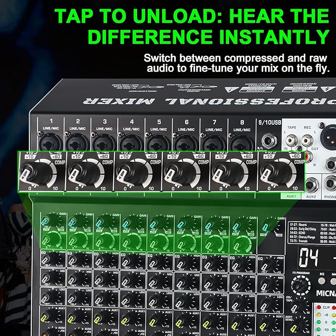 Audio Mixer 10 Channel Professional Sound Mixer Console with 99 DSP Effects, Mixing Board DJ Mixer w/USB, Bluetooth, 48V Power Supply, PAD Button for Recording Karaoke PA Drum Live Music